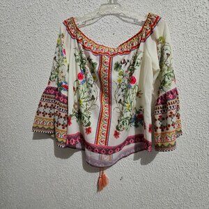 Umgee USA Womens Floral Embroidered Boho Size S With Tassels & Bell Sleeves